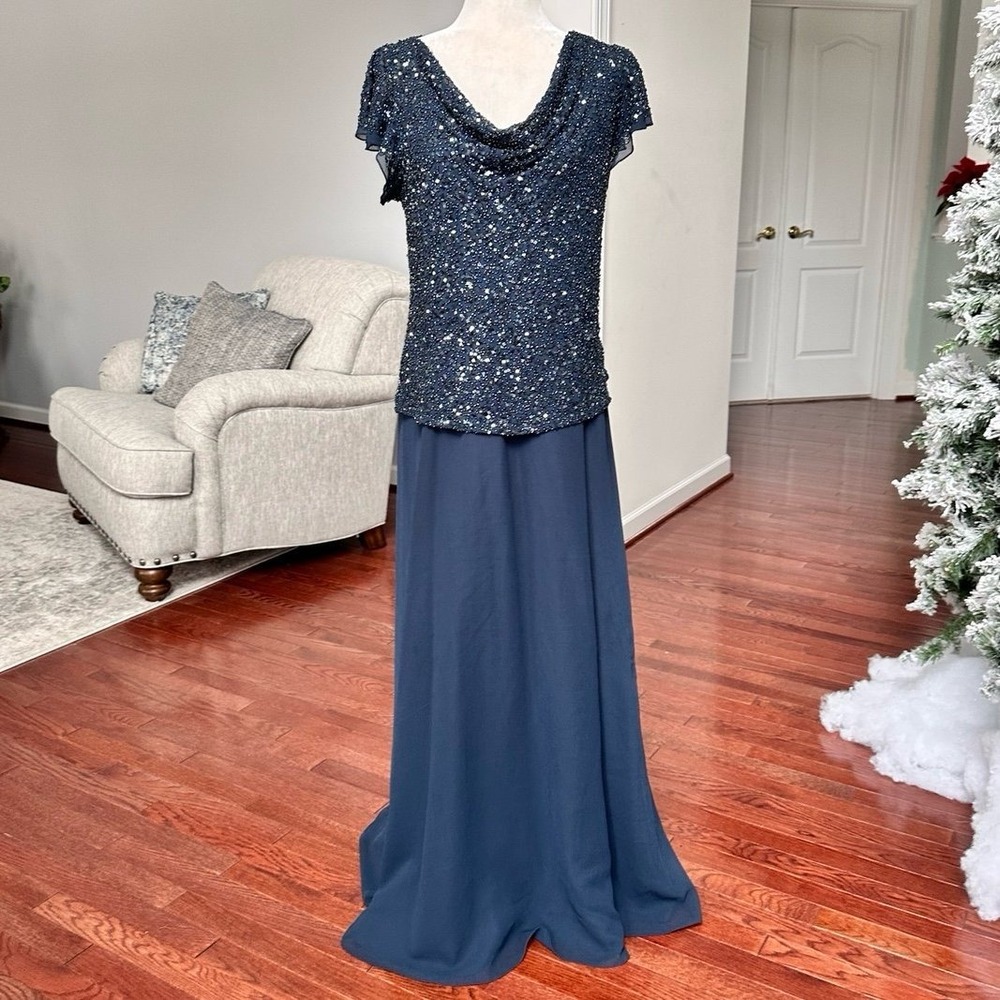 JKARA Vintage Navy Blue Beaded Top Short Flutter Sleeve Gown Dress Size 18